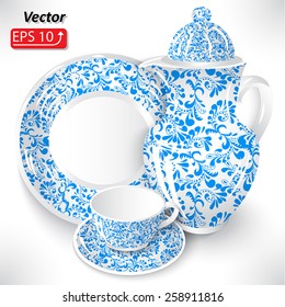 set vintage white blue pattern dishes of coffee chocolate tea, cup, pitcher, coffee pot, plate isolated on white background icon vector illustration