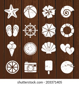 A set of vintage white flat design summer icons on wooden background.