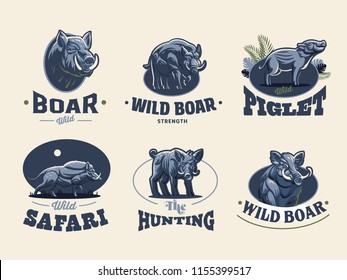 Set of vintage wild boar emblems. Vector illustration.