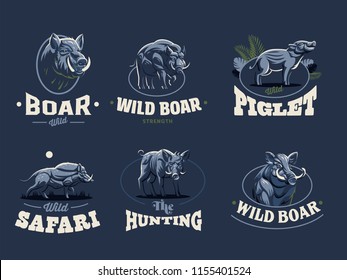 Set of vintage wild boar emblems. Vector illustration.