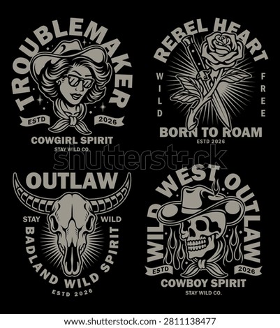 Set of vintage wild west outlaw emblems featuring cowboy skull, cowgirl, bull skull, and rose with dagger. Vector illustration.