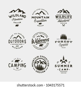 Set Of Vintage Wilderness Logos. Hand Drawn Retro Styled Outdoor Adventure Emblems, Badges, Design Elements, Logotype Templates. Vector Illustration