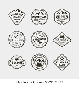 set of vintage wilderness logos. hand drawn retro styled outdoor adventure emblems, badges, design elements, logotype templates. vector illustration