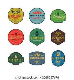 set of vintage wilderness logos. hand drawn retro styled outdoor adventure emblems, badges, design elements, logotype templates. vector illustration