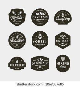 set of vintage wilderness logos. hand drawn retro styled outdoor adventure emblems, badges, design elements, logotype templates. vector illustration