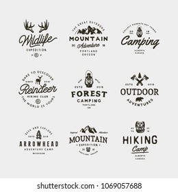 set of vintage wilderness logos. hand drawn retro styled outdoor adventure emblems, badges, design elements, logotype templates. vector illustration