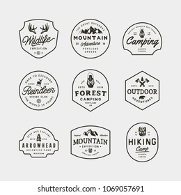 set of vintage wilderness logos. hand drawn retro styled outdoor adventure emblems, badges, design elements, logotype templates. vector illustration