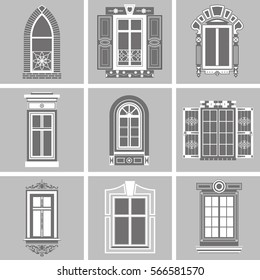 Set of vintage windows isolated on gray background