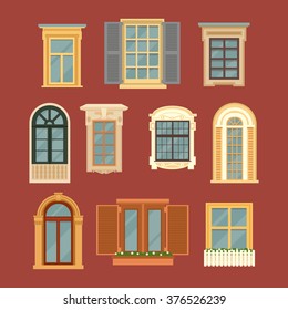 Set of Vintage Windows. Vector illustration in flat style