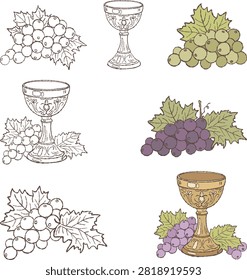 Set of vintage wine goblets, grape clusters and vine leaves hand drawn vector illustrations. Elegant collection inspired by historical and Christian traditions, perfect for church celebrations, winery branding, invitations and decorative designs.