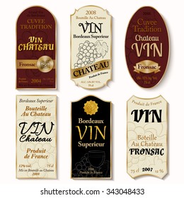 Set of vintage wine labels with hand-drawn details on white background vector illustration