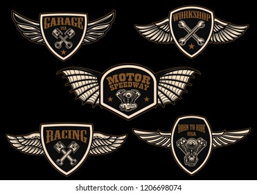 Set of vintage winged emblems. Racing, motorcycles, repair workshop. Design element for logo, label, sign, poster, t shirt. Vector illustration