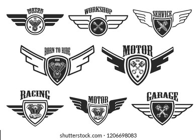 Set of vintage winged emblems. Racing, motorcycles, repair workshop. Design element for logo, label, sign, poster, t shirt. Vector illustration