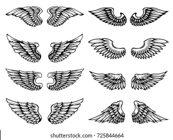 Set of vintage wings illustrations isolated on white background. Design element for logo, label, emblem, sign. Vector illustration.