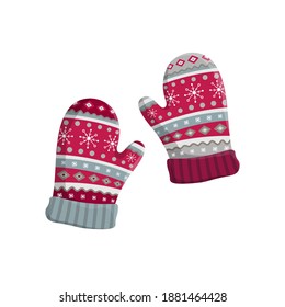 Set of vintage winter mittens isolated on white background. Traditional retro style, colors and pattern design. Vector illustration. Christmas greeting card with mittens.