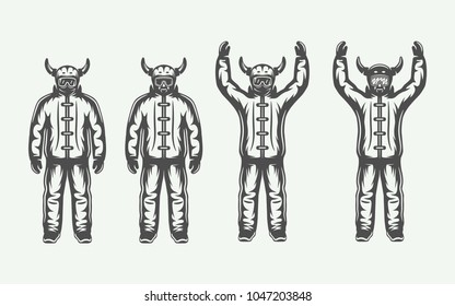 Set of vintage winter sportsman in ski suit. Monochrome Graphic Art. Vector Illustration.

