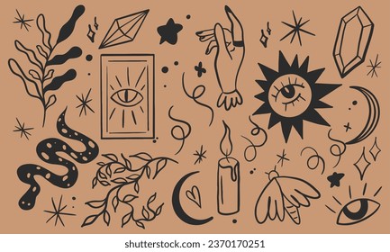 Set of vintage witchcraft cartoon elements, magic shop for witches concept, wizard character set. Hand-drawn fairy tale decor elements. Collection of vectors.