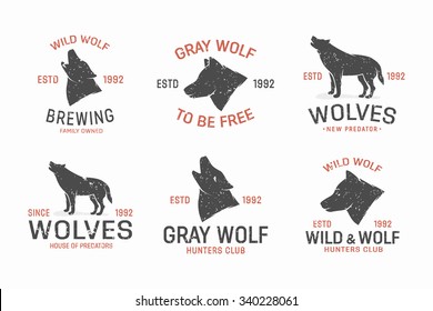 Set of vintage wolf logo and label design elements