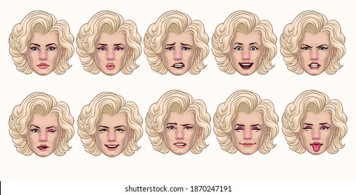 set of vintage women style in various face expression