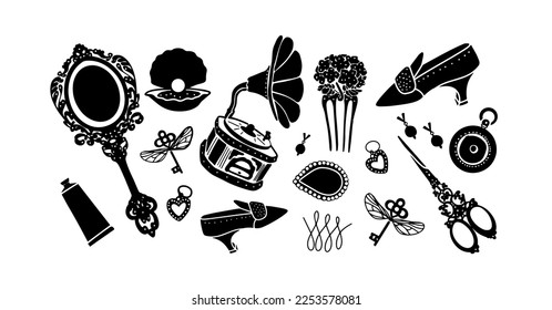 A set of vintage women's fashion accessories. Mirror, women's comb, shoes, gramophone, cosmetics, pins, scissors, keys, sink. Vector manual illustration, engraving style