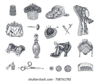 Set Of Vintage Women's Fashion Accessories. Bonnet Hat, Female Comb, Shoe, Purse, Perfume, Cosmetics, Pins, Scissors, Opera Glasses. Vector Hand Drawn Illustration, Retro Engraving Style