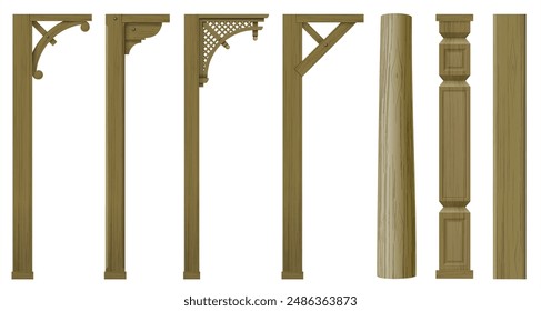 Conjunto de columnas arquitectónicas de madera vintage para el cenador o patio. Carpintería. Plantillas Vector gráficos