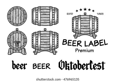Set of vintage wooden barrels in different foreshortening. Monochrome style. Isolated on white back ground vector art
