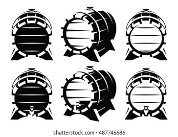 Set of vintage wooden barrels in different foreshortening on white background. Monochrome retro style. Vector illustration.