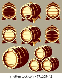 Set of vintage wooden barrels in different foreshortening on background. Retro style. Vector illustration.