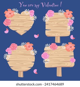 set of vintage wooden board with flower wreath