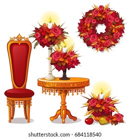 Set of vintage wooden furniture and decor on theme of autumn. Royal chair, table, luxury furniture, candle holder, flowers, wreath isolated on white background. Vector cartoon close-up illustration.