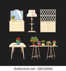 A set of vintage wooden furniture. Floor lamp, cupboard, dressing table and tables with flowers in pots on a black background. A table with a flowering plant in a pot. Icons, isolated objects. Vector