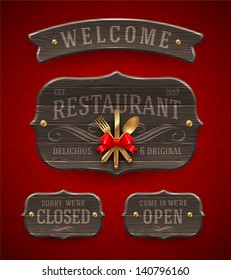 Set of vintage wooden  Restaurant signs with decor and golden cutlery - vector illustration