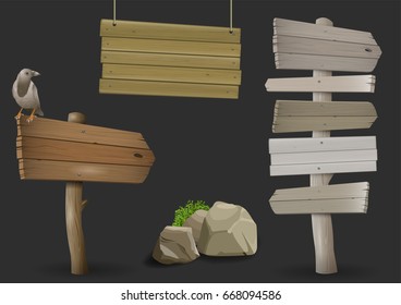 Set of vintage wooden signposts from an old board. Crow and stone. Vector graphics