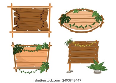 Set of vintage wooden signs and pointers in cartoon style. Vector illustration of beautiful wooden boards of different shapes with plants: monsters, vines, stones isolated on white background.
