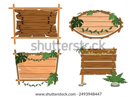 Set of vintage wooden signs and pointers in cartoon style. Vector illustration of beautiful wooden boards of different shapes with plants: monsters, vines, stones isolated on white background.