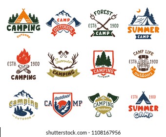 Set of vintage woods camp badges and travel logo hand drawn emblems nature mountain camp outdoor vector illustration.