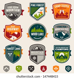 Set of vintage woods camp badges and travel logo emblems