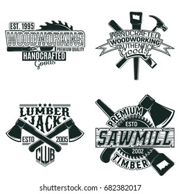 Set of Vintage woodworking logo designs,  grange print stamps, creative carpentry typography emblems, Vector