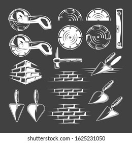Set of vintage work tools isolated on black background. Collection of icons for construction design. Vector illustration