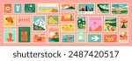 Set of vintage world travel post card stamp illustration. Retro style international country landscape postage sticker collection, famous landmark mail postmark, tourism city view postal label.