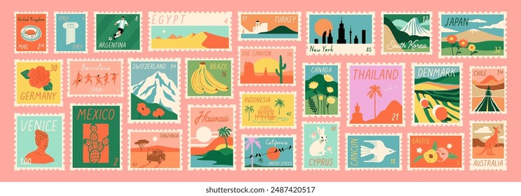 Conjunto de ilustración de sello de postal de viaje del mundo vintage. Colección de pegatinas de franqueo de paisajes de campo internacional de estilo retro, sello postal de correo de Lugar famoso famoso, etiqueta postal de vista de ciudad turística.