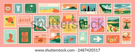 Set of vintage world travel post card stamp illustration. Retro style international country landscape postage sticker collection, famous landmark mail postmark, tourism city view postal label.