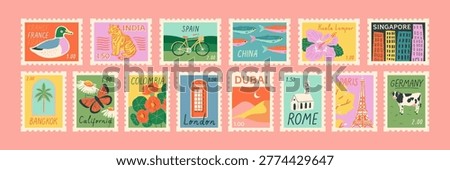 Set of vintage world travel post card stamp illustration. Retro style international country landscape postage sticker collection, famous landmark mail postmark, tourism city view postal label.