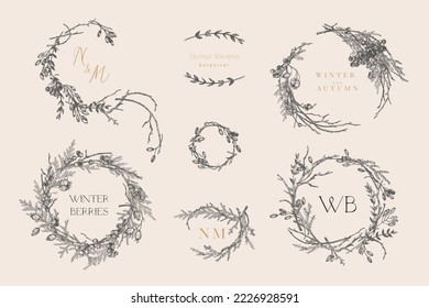 Set with vintage wreaths. Plant design elements with berries, coniferous branches and veils. Vector botanical illustration. Black and white.