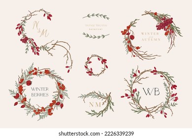 Set with vintage wreaths.  Vector botanical illustration. Winter berries. Autumn and Christmas decor. Colorful