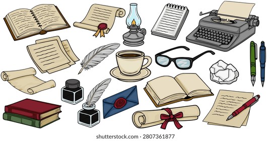 Set of vintage writer tools and stationery vector illustration featuring typewriter, quill, and books