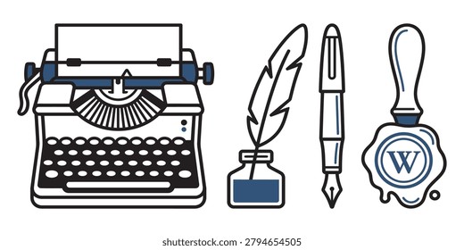 A set of vintage writing tools including a typewriter, quill pen, ink bottle, and wax seal with a letter W on a pure white background, illustrated in blue and black.