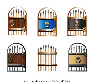 Set of vintage wrought iron gates in cartoon style. Colorful vector illustration.