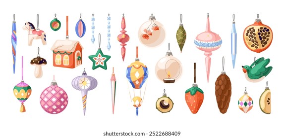 Set of vintage Xmas baubles. Christmas tree ornaments with different shape. New Year decoration: glass balls, cones, figures. Festive decor. Flat isolated vector illustration on white background